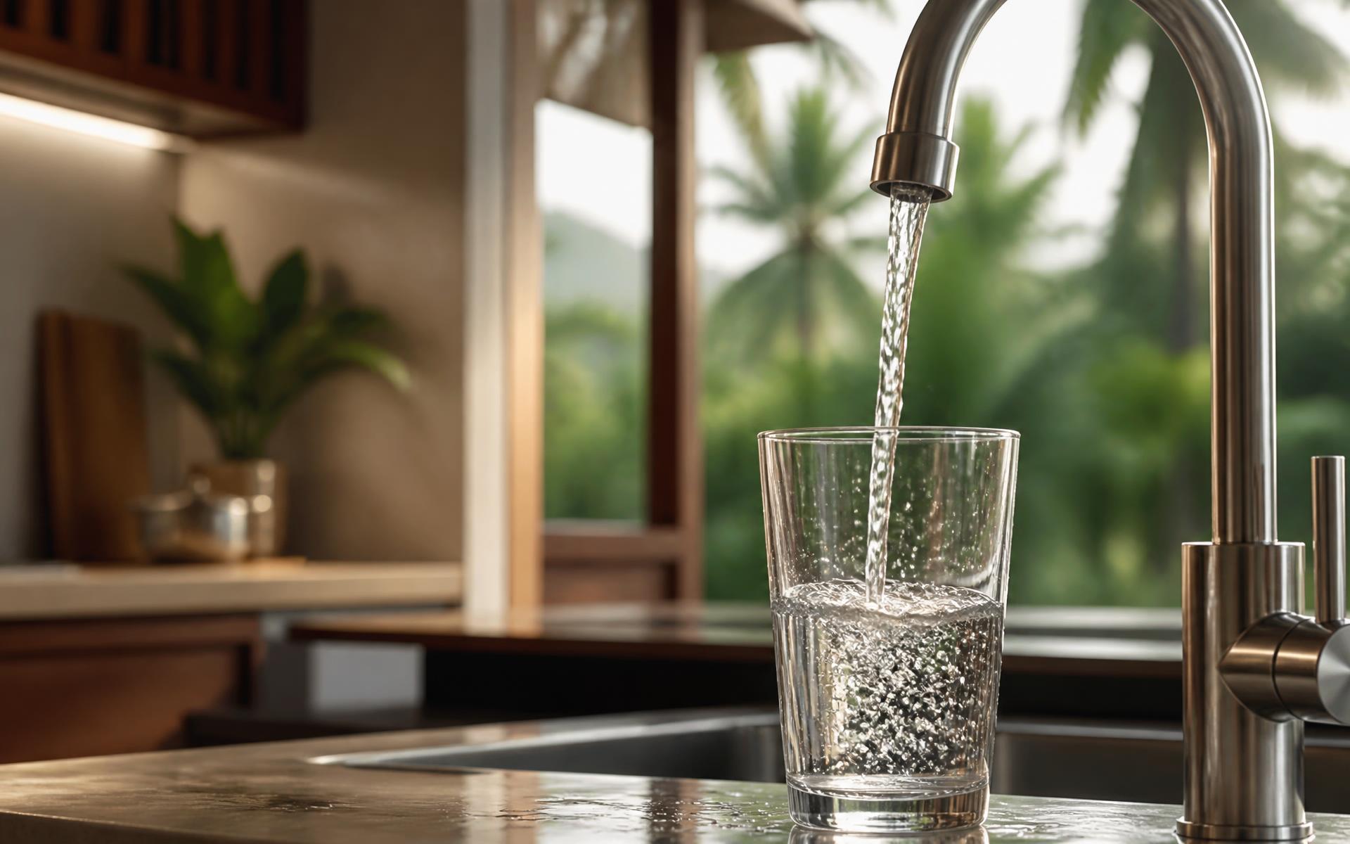 Crystal-clear purified water pouring into a glass in a Kerala home kitchen